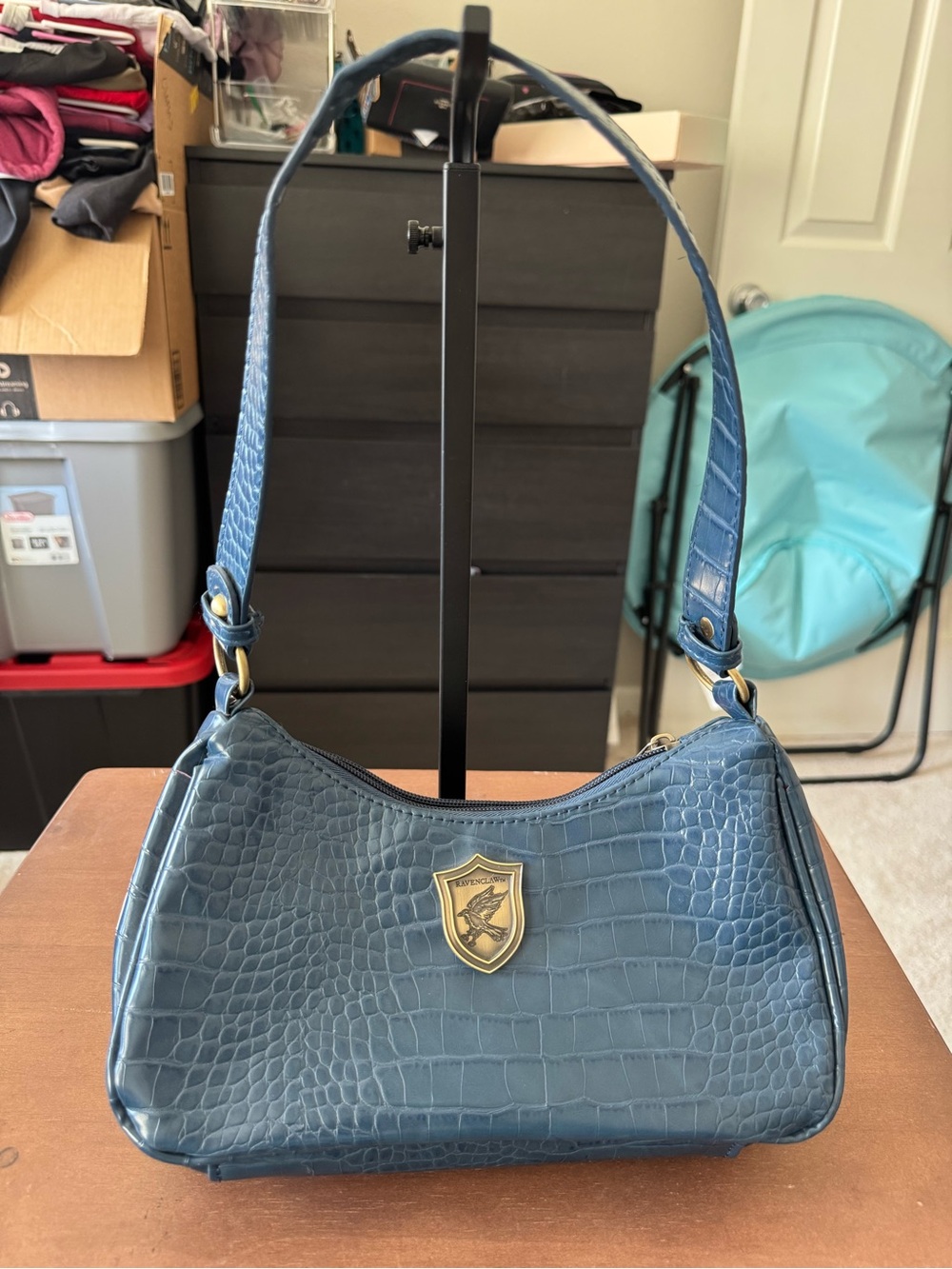 Blue Croc-Embossed Shoulder Bag with Gold Crest Accent